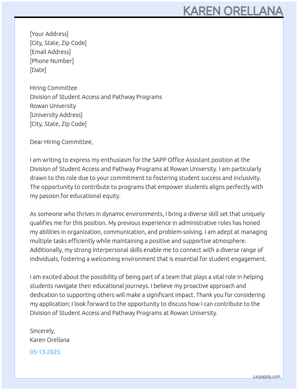  SAPP Office Assistant At Division of Student Access and Pathway Programs at Rowan University Cover Letter