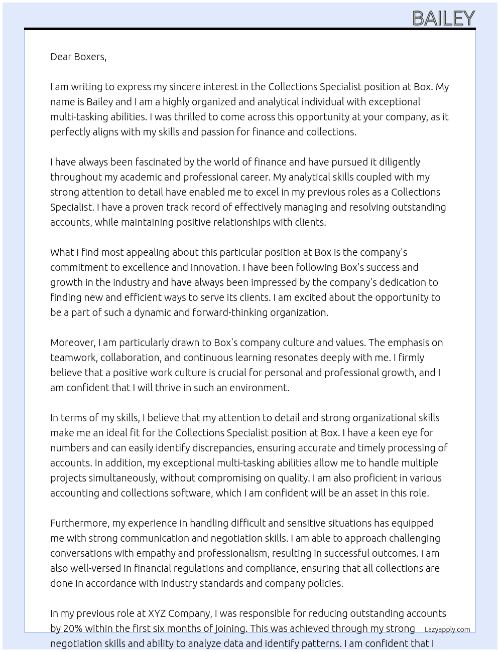 Collections Specialist At Box Cover Letter