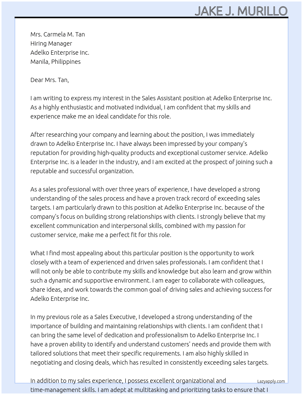 Sales Assistant At Adelko Enterprise Inc. Cover Letter