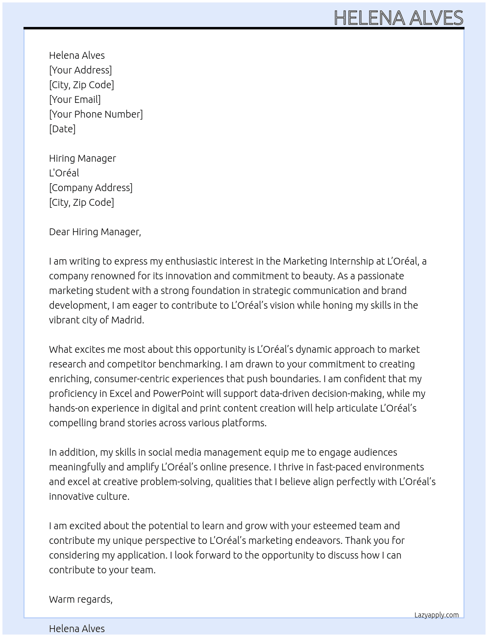 Marketing Internship At Loreal Cover Letter