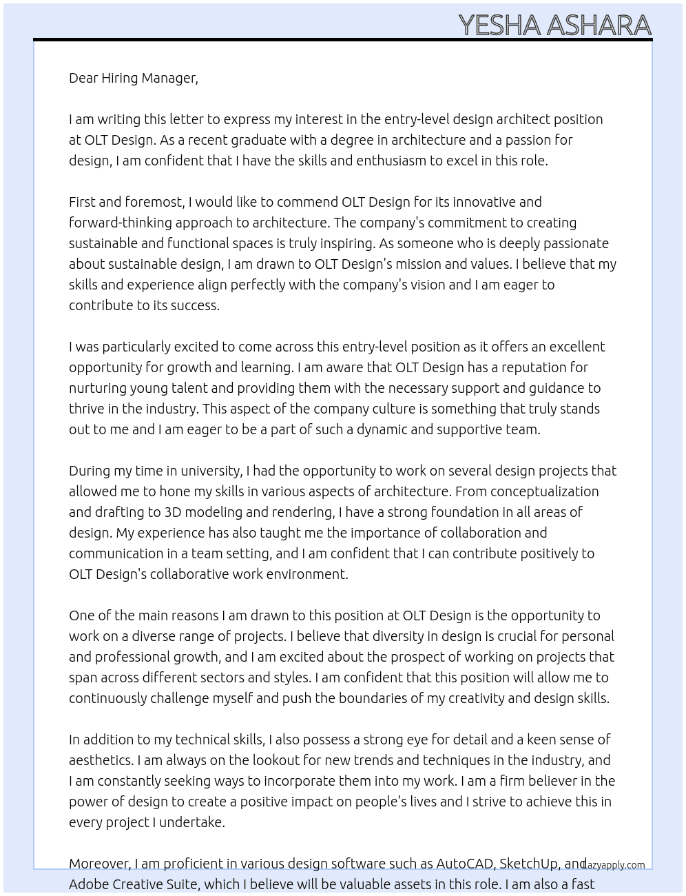 entry level design architect At OLT Design Cover Letter