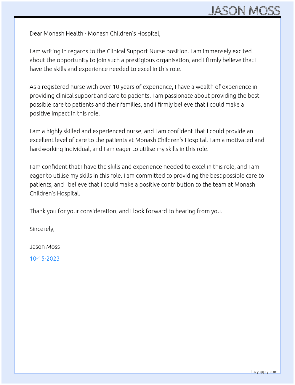 Clinical Support Nurse At Monash Health - Monash Children's Hospital Cover Letter