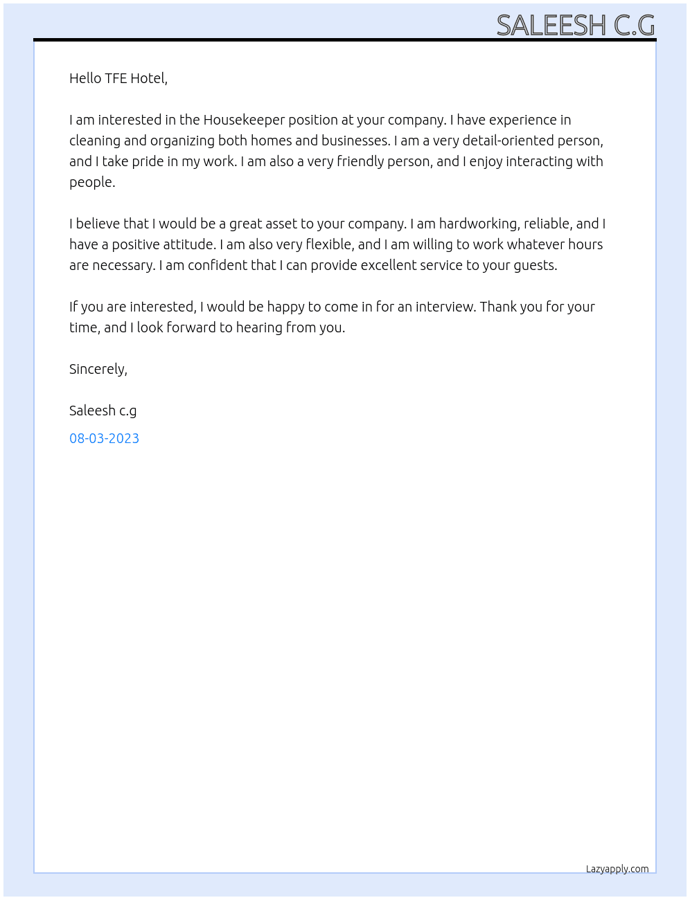 Housekeeper At TFE Hotel Cover Letter