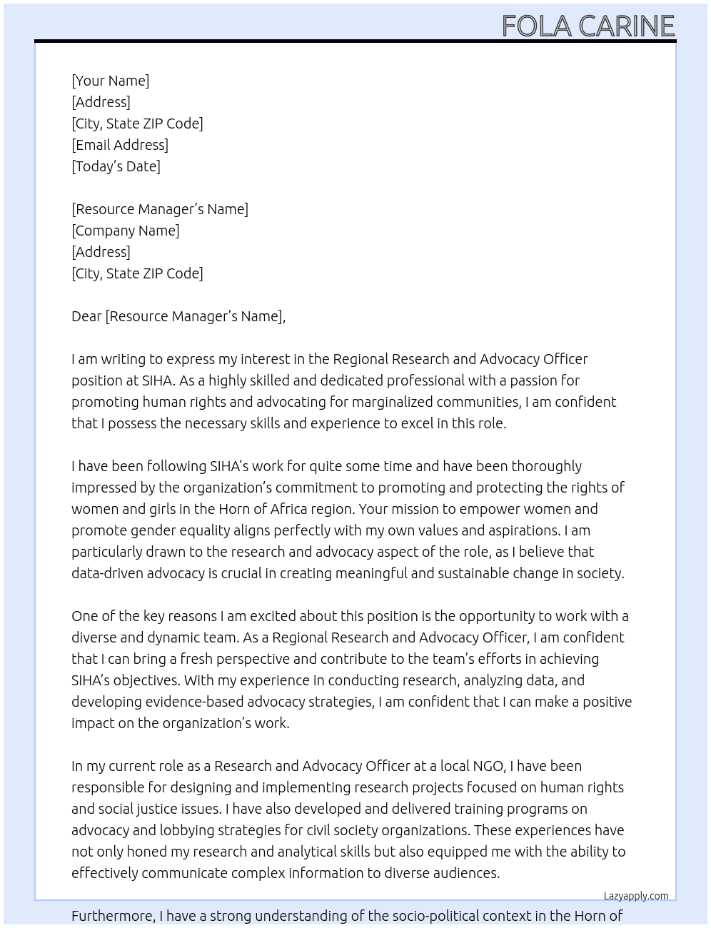 Regional research and advocacy officer  At SIHA Cover Letter