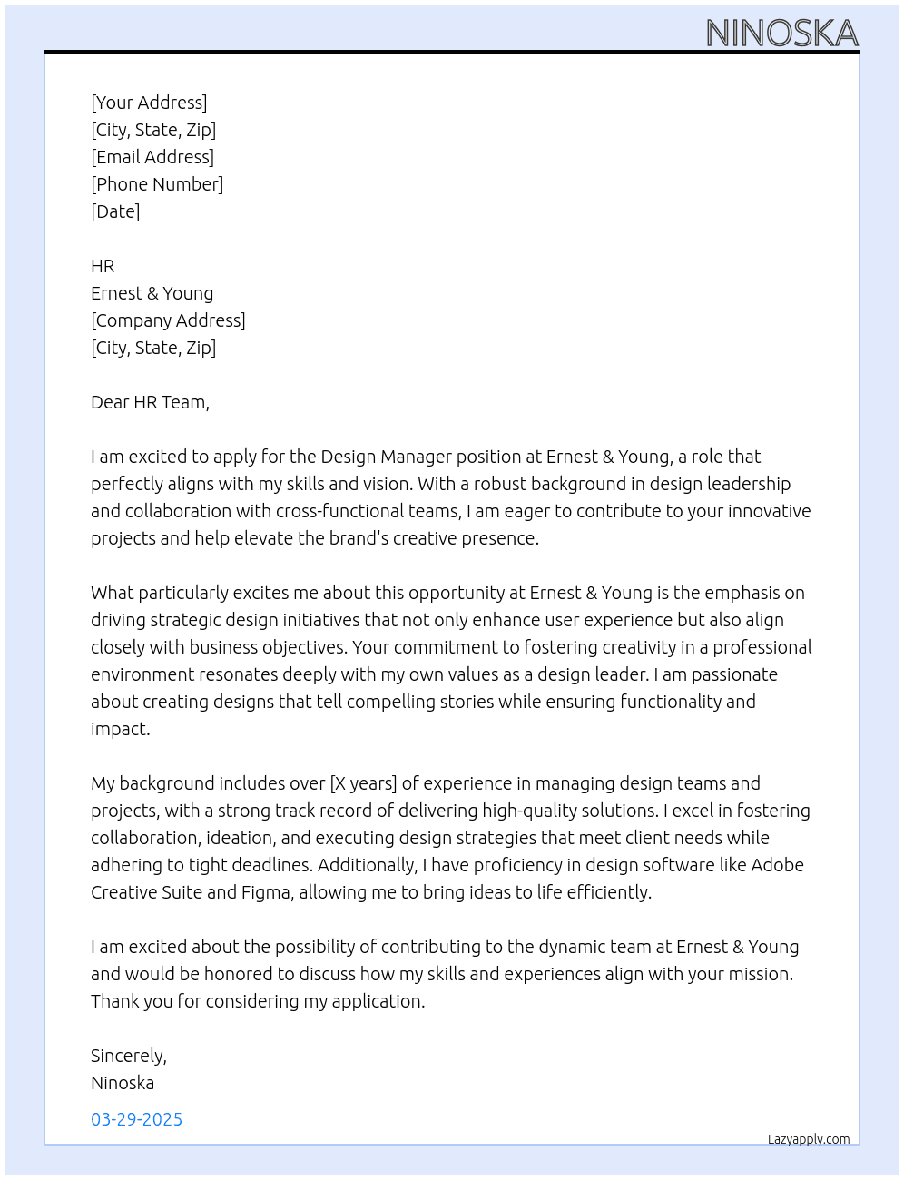 Design Manager At Ernest & Young Cover Letter