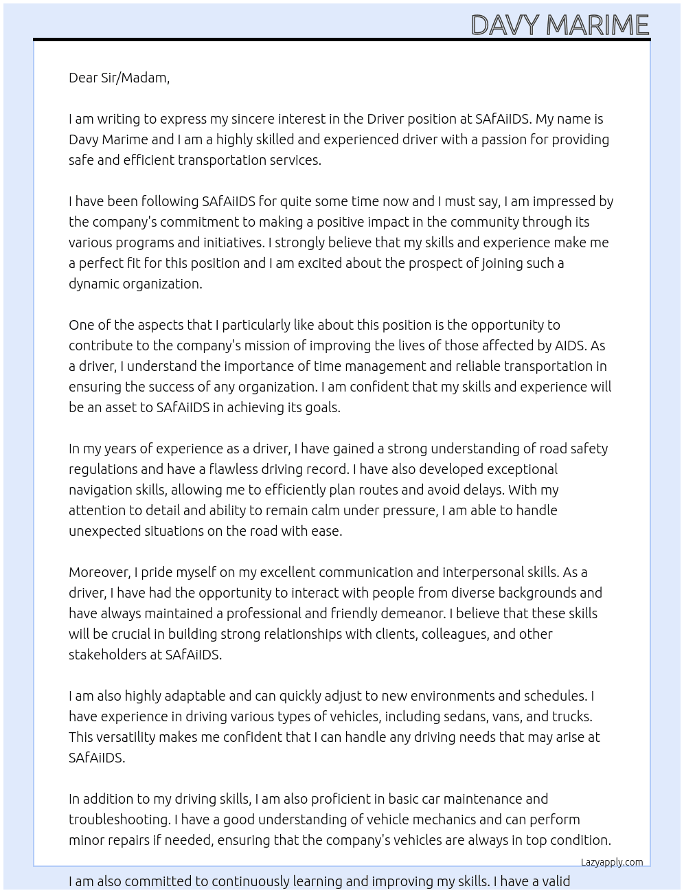 Driver At SAfAiIDS Cover Letter