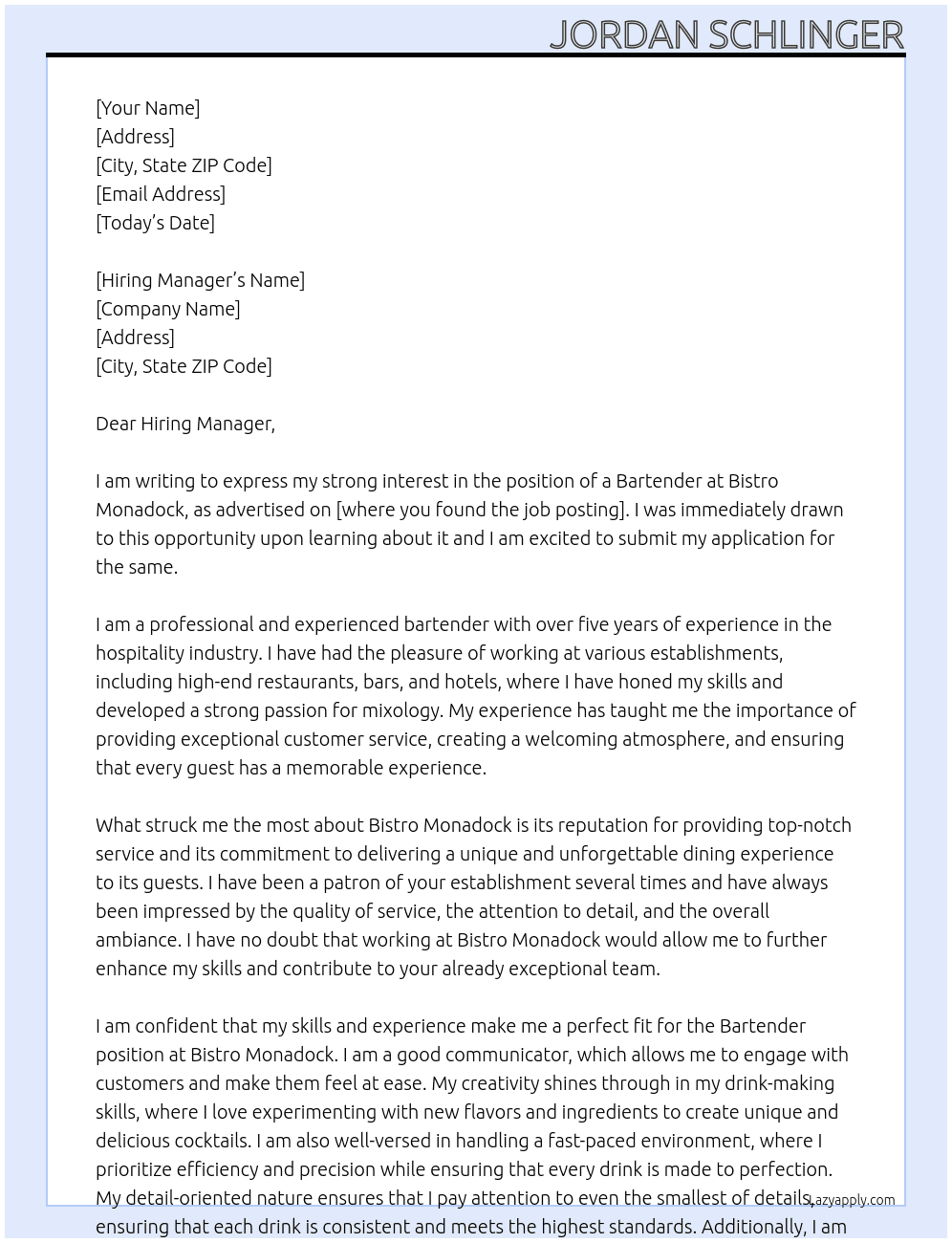 Bartender At Bristro Monadock Cover Letter