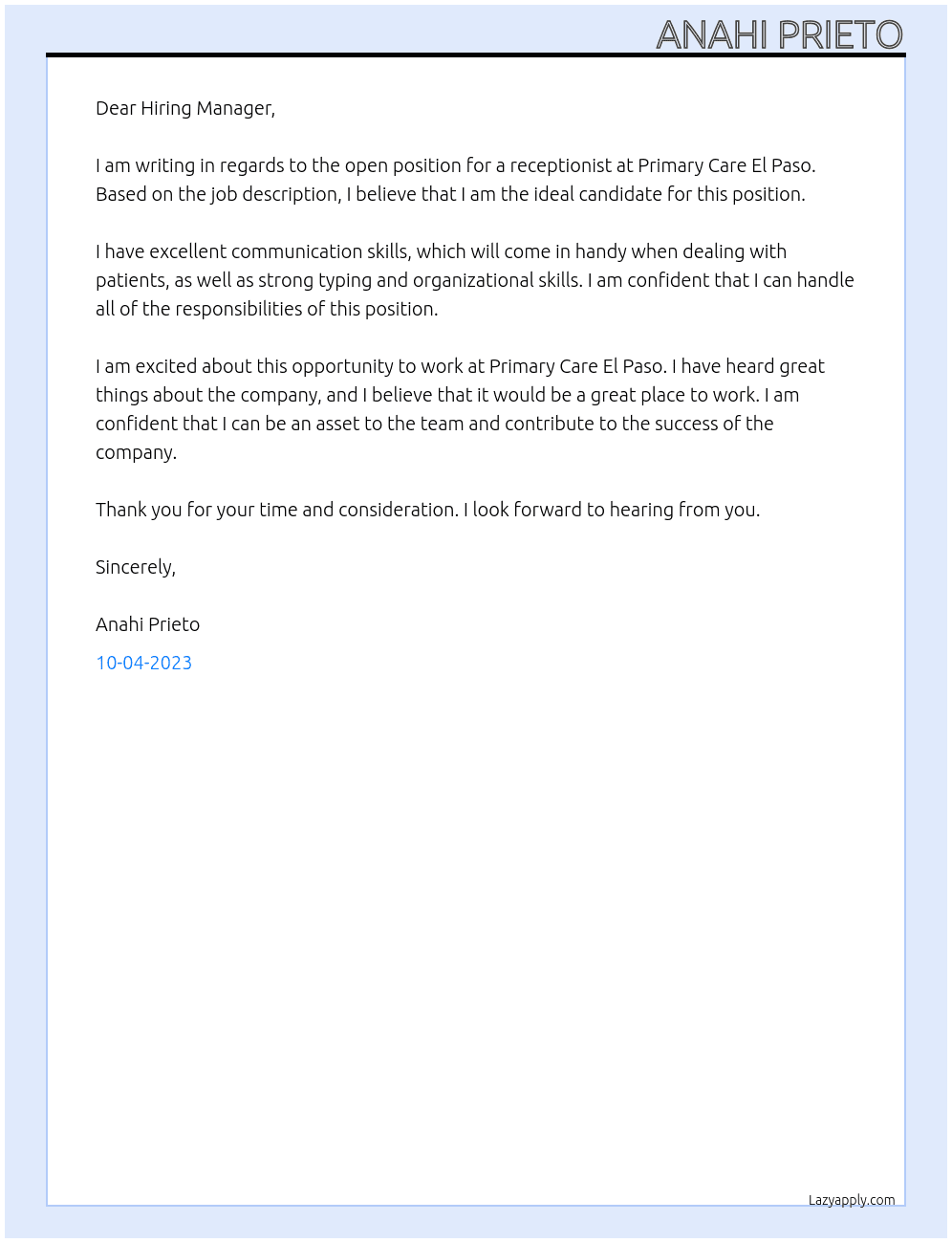 Receptionist At Primary Care El Paso Cover Letter