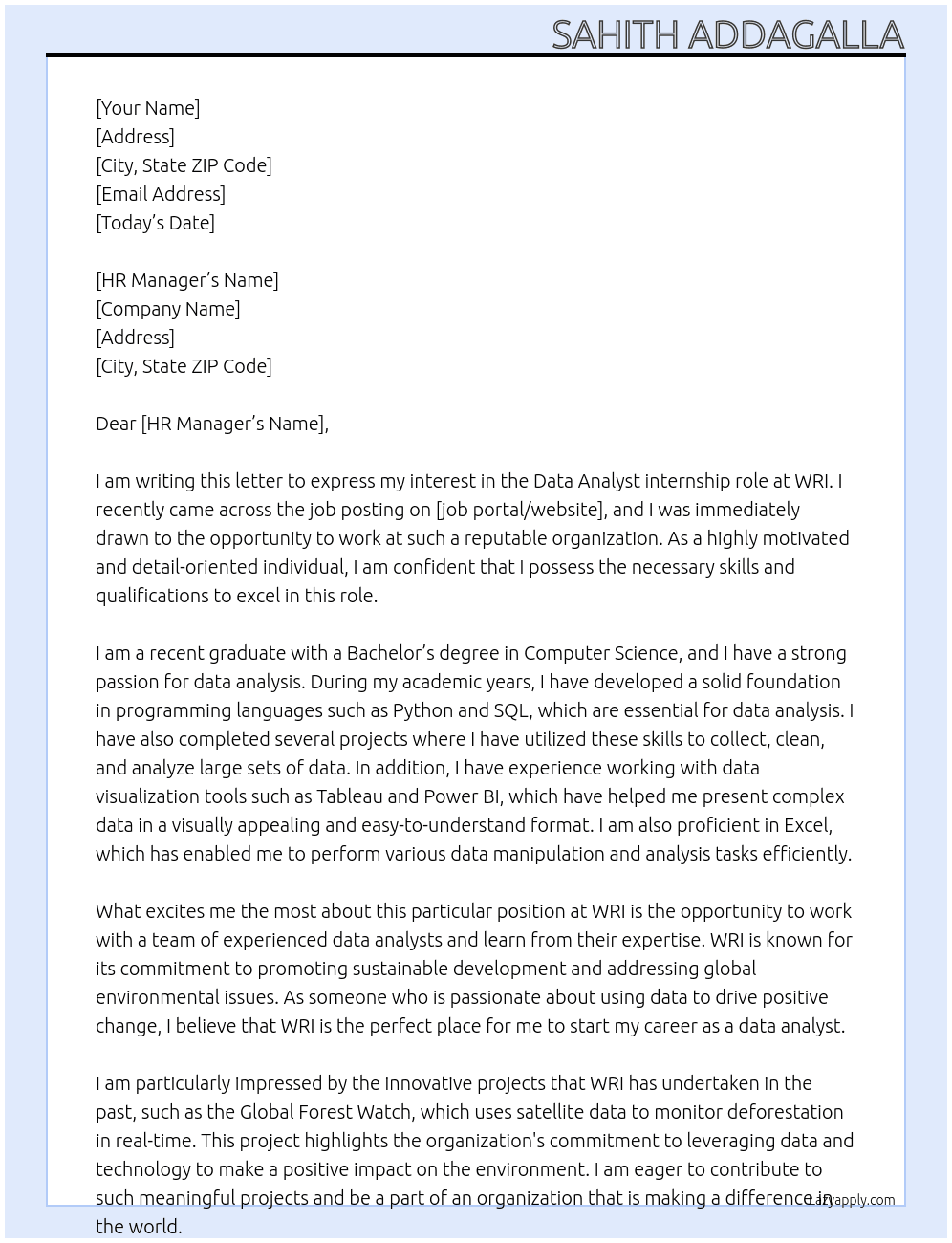 data analyst At WRI Cover Letter