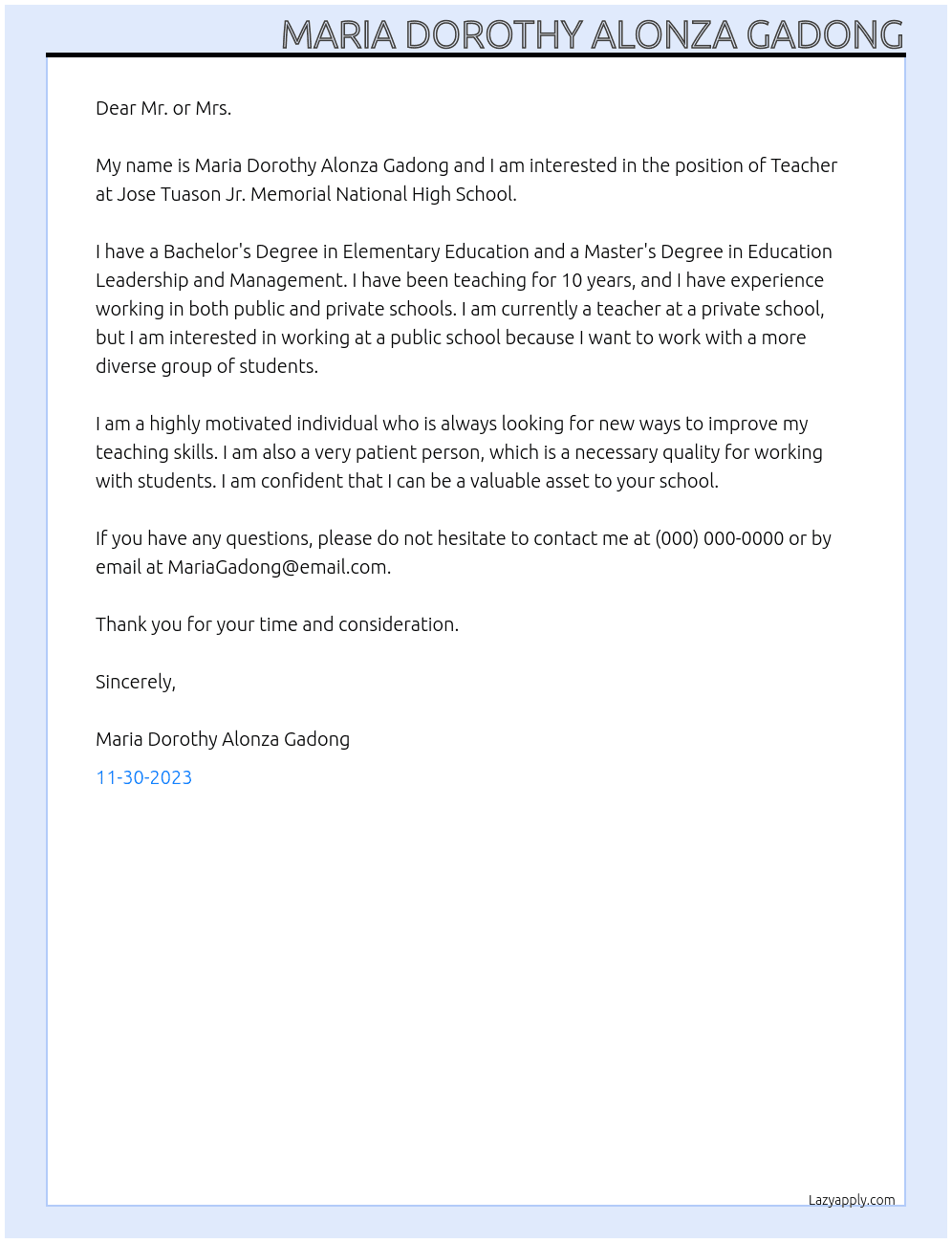 Teacher  At Jose Tuason Jr. Memorial National High School  Cover Letter