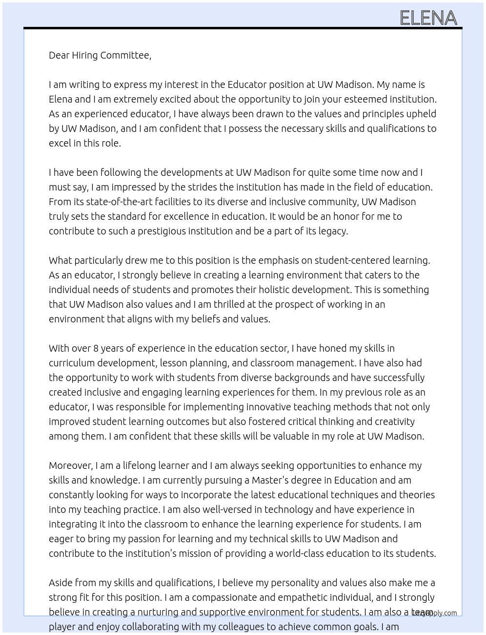 Educator At UW Madison Cover Letter