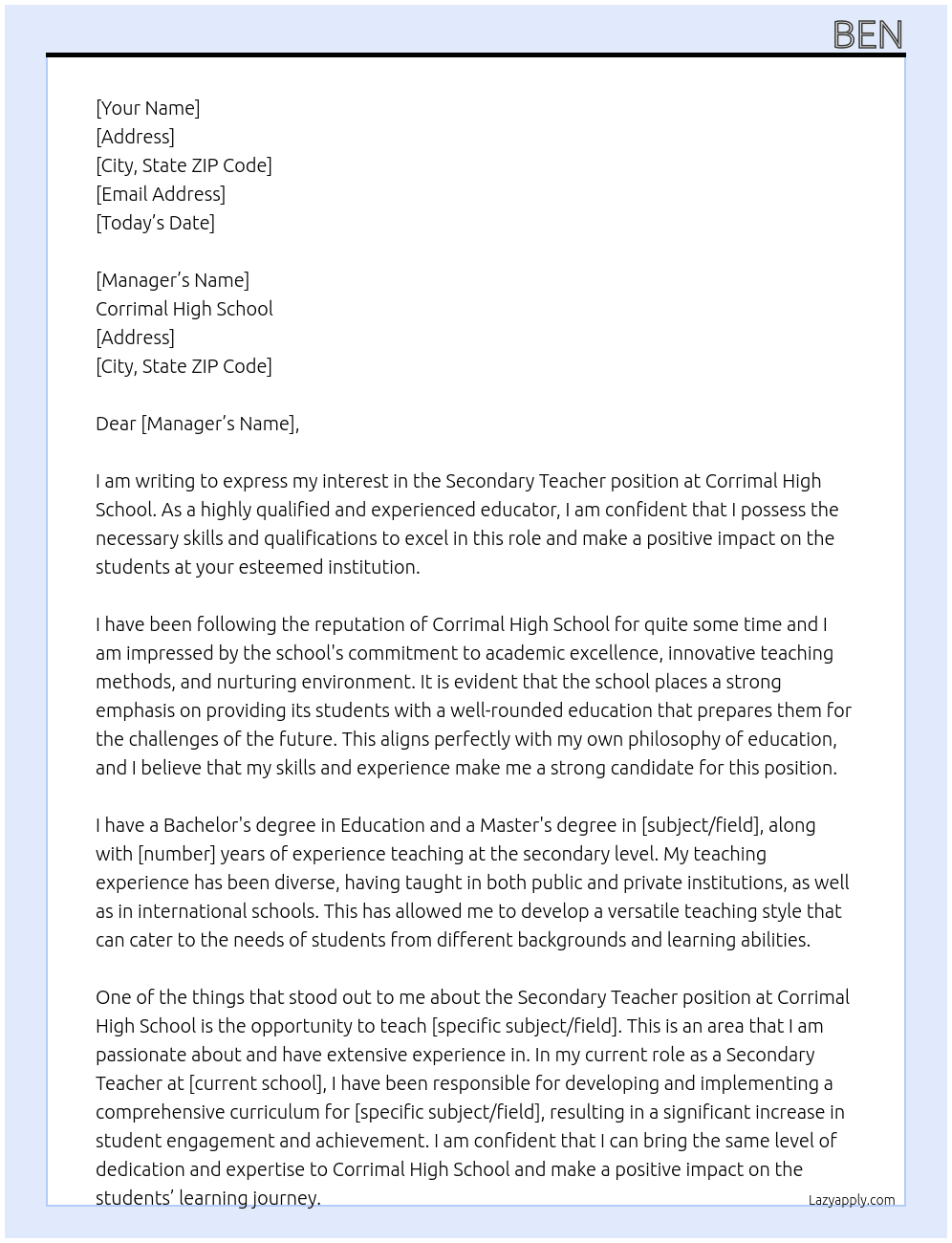 Secondary teacher At Corrimal High School Cover Letter