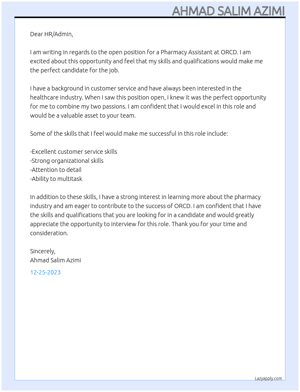 Pharmacy assistant  At ORCD Cover Letter