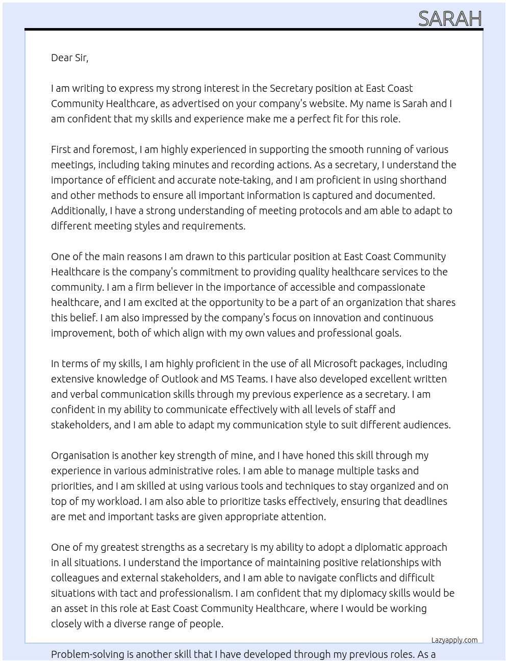 Secretary At East Coast Community Healthcare Cover Letter