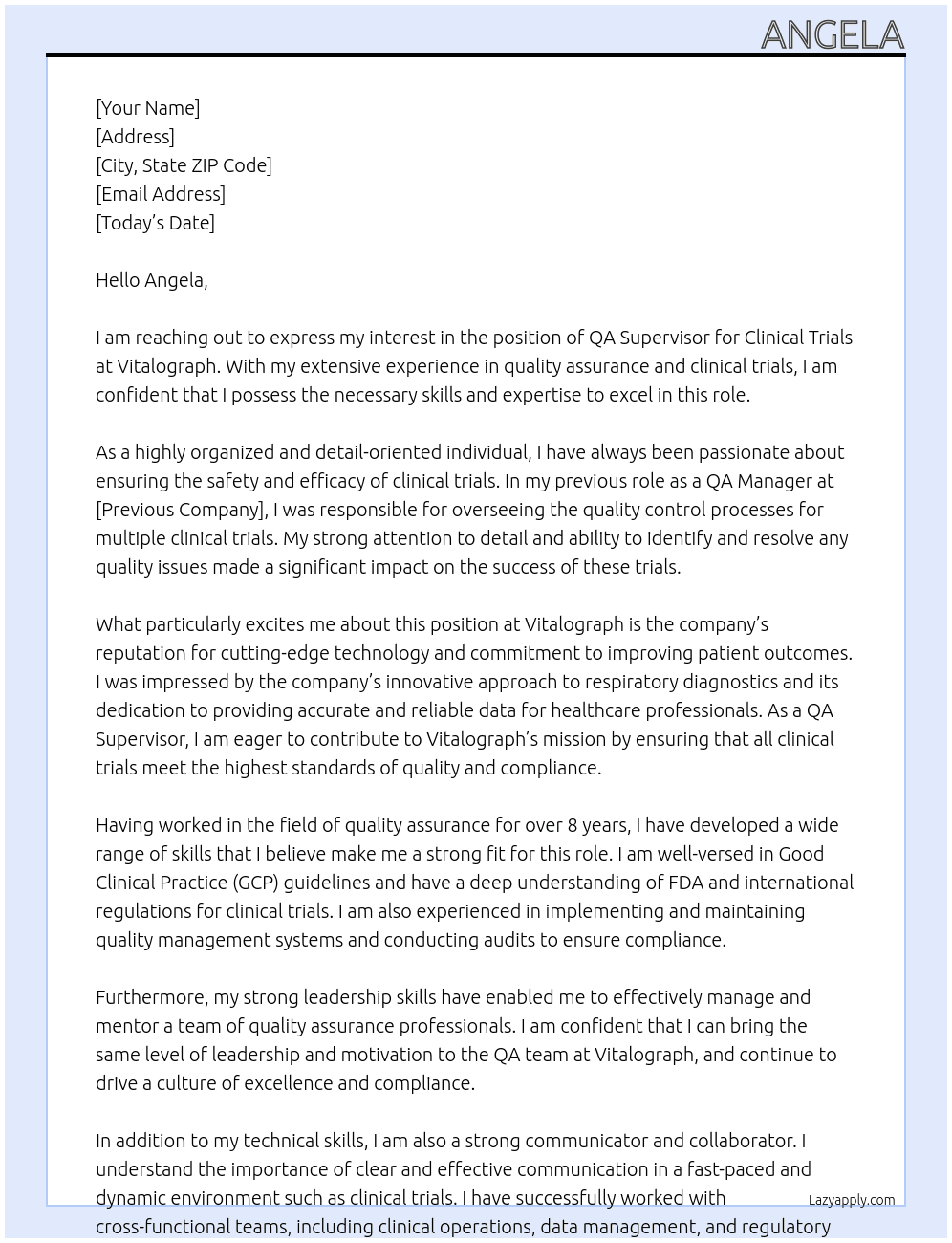 QA Supervisor, Clinical Teials At Vitalograph Cover Letter