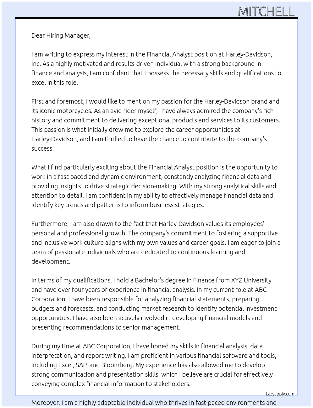 Financial Analyst At Harley-Davidson, Inc. Cover Letter
