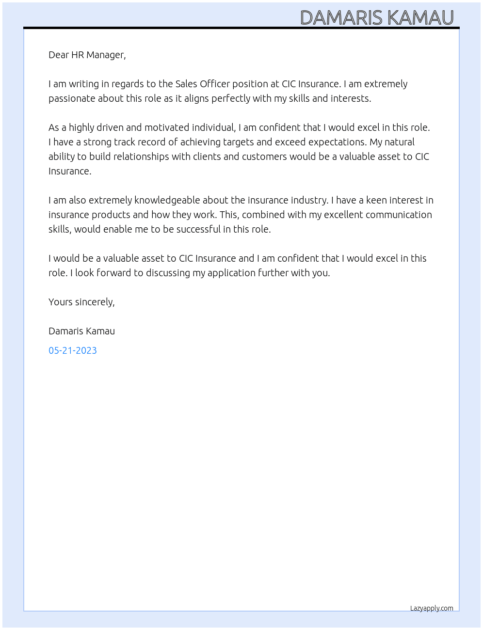 SALES OFFICER  At CIC Insurance  Cover Letter