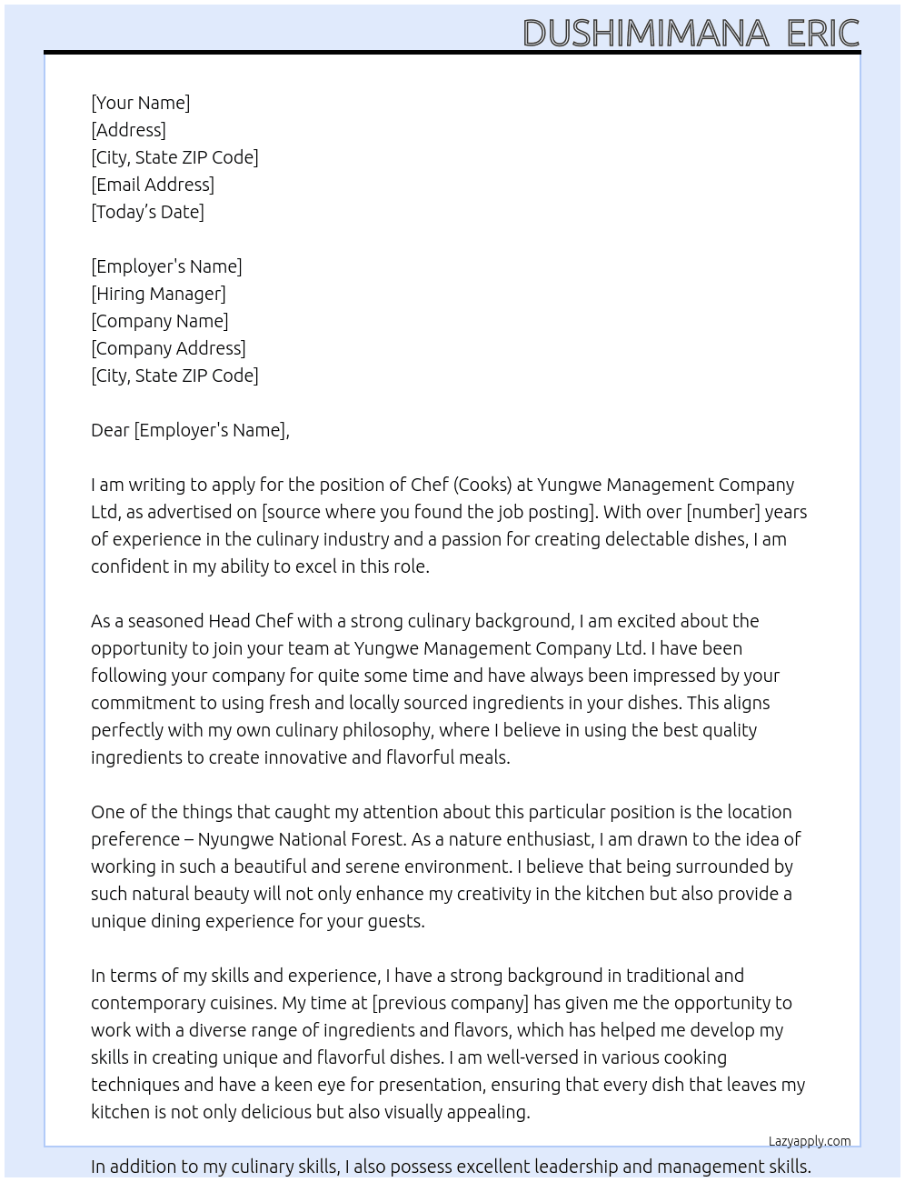 Chef (Cooks) At yungwe Management Company Ltd Cover Letter