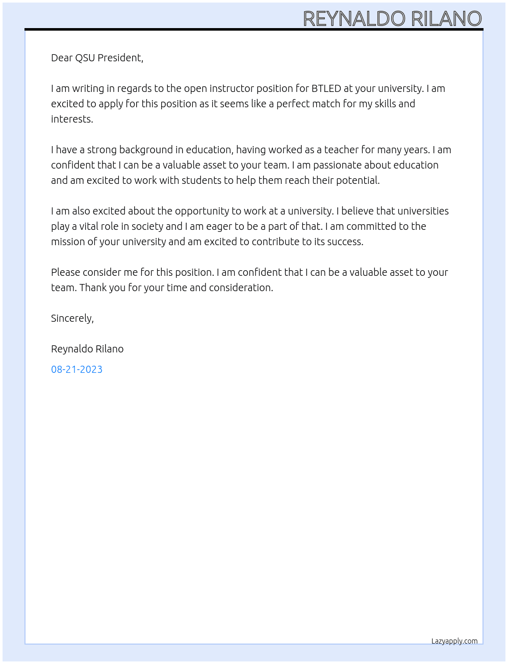 Instructor for BTLED NO EXPERIENCE At QUIRINO STATE UNIVERSITY Cover Letter