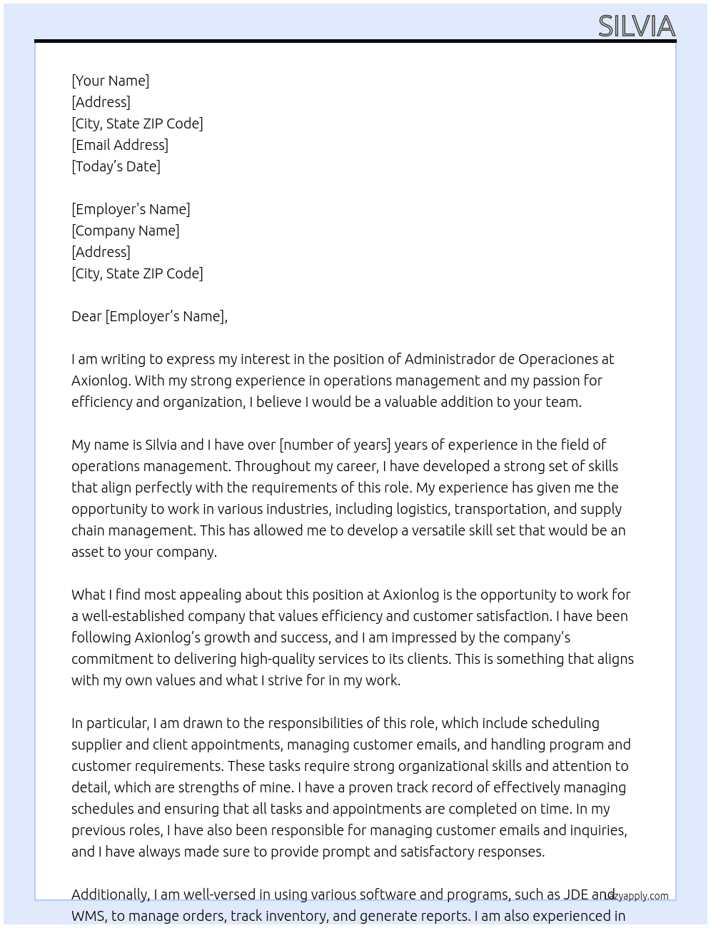  Administrador de Operaciones At Axionlog Cover Letter