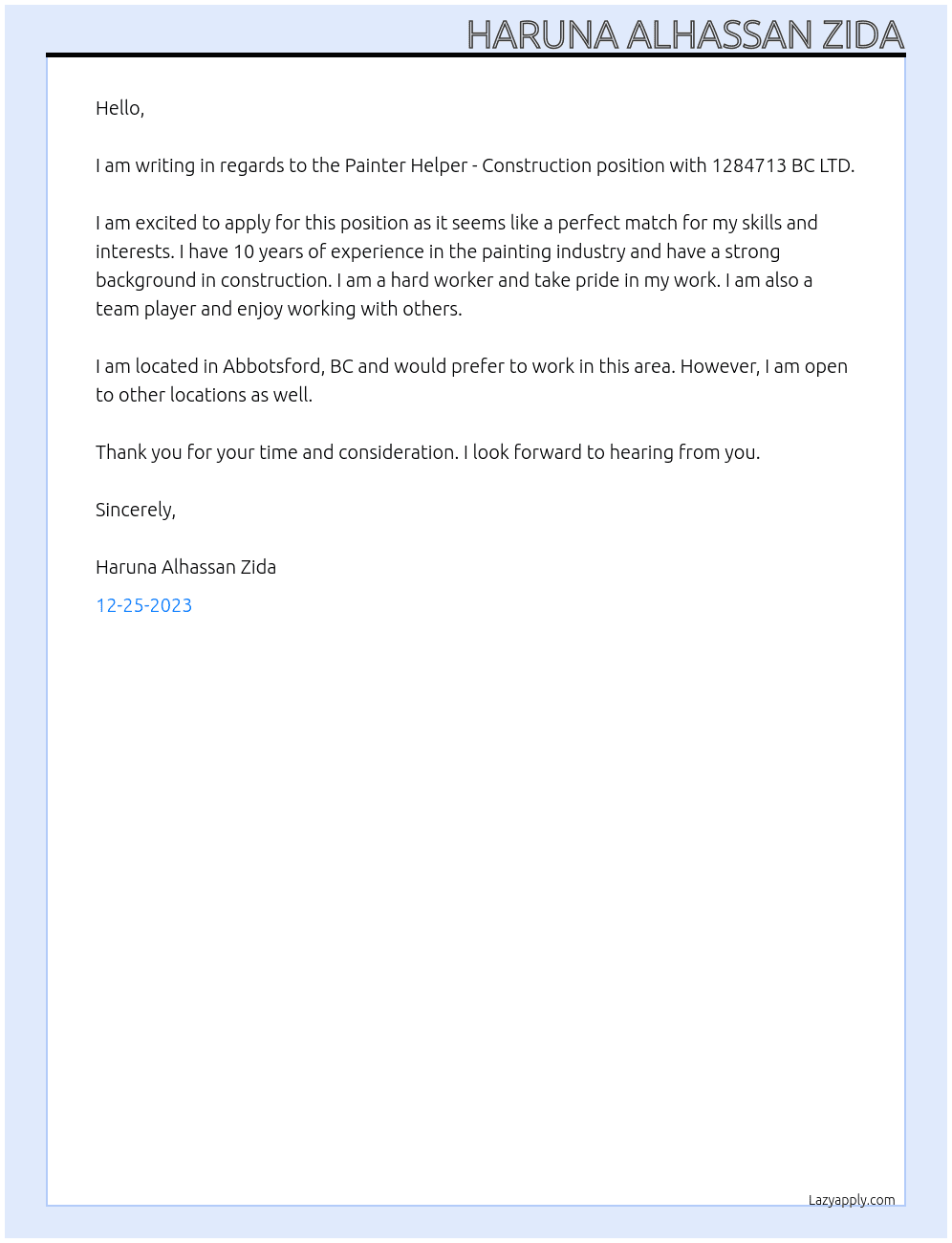 Painter helper - construction At Job Bank #2714721 Cover Letter