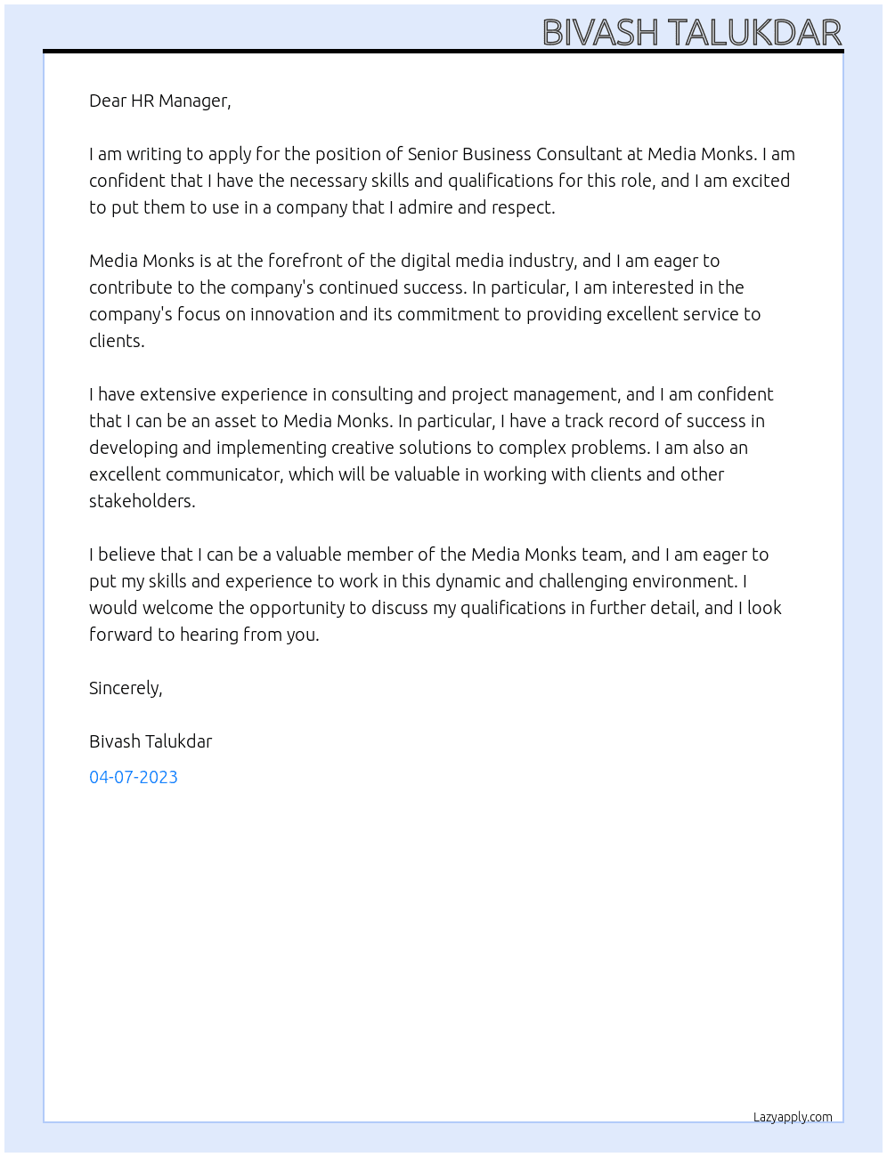 Senior Business Consultant At Media Monks Cover Letter