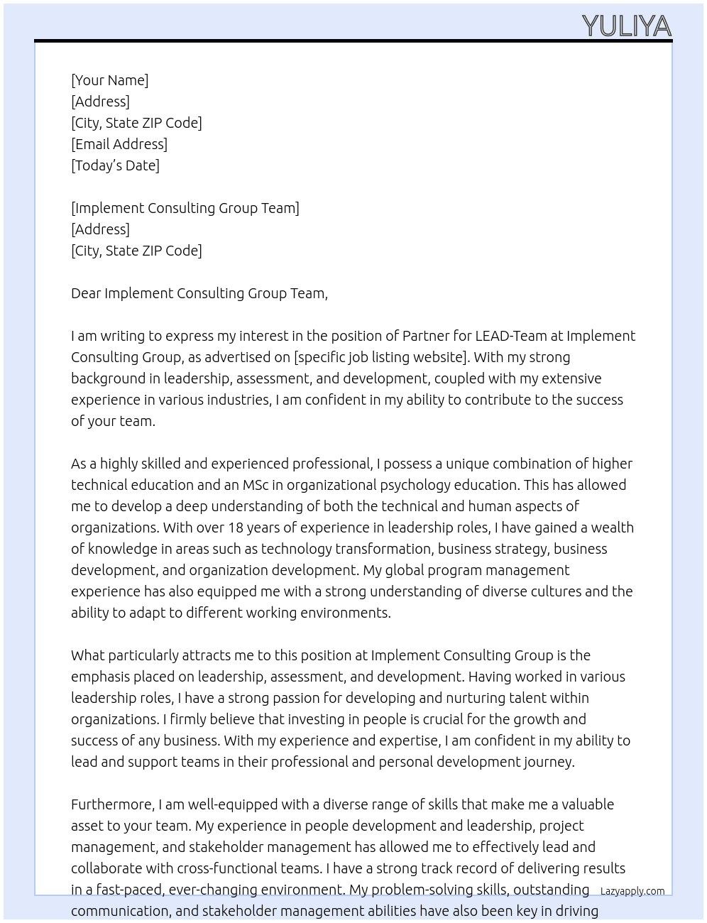 Partner for LEAD-Team (Leadership, Assessment, Development) At  Implement Consulting Group Cover Letter