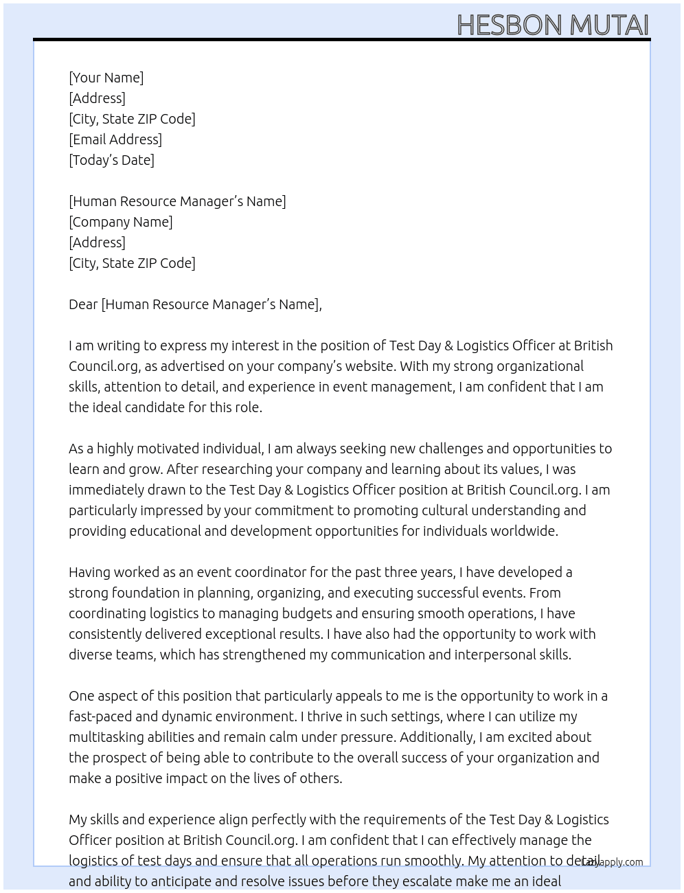 test day &logistics officcer At british council.org Cover Letter