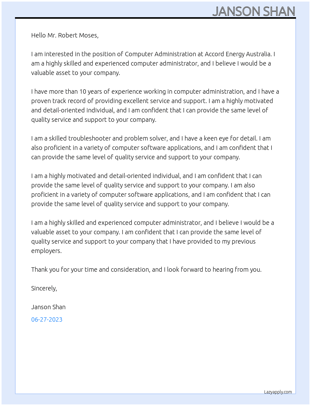 Computer Administration At ACCORD ENERGY AUSTRALIA Cover Letter