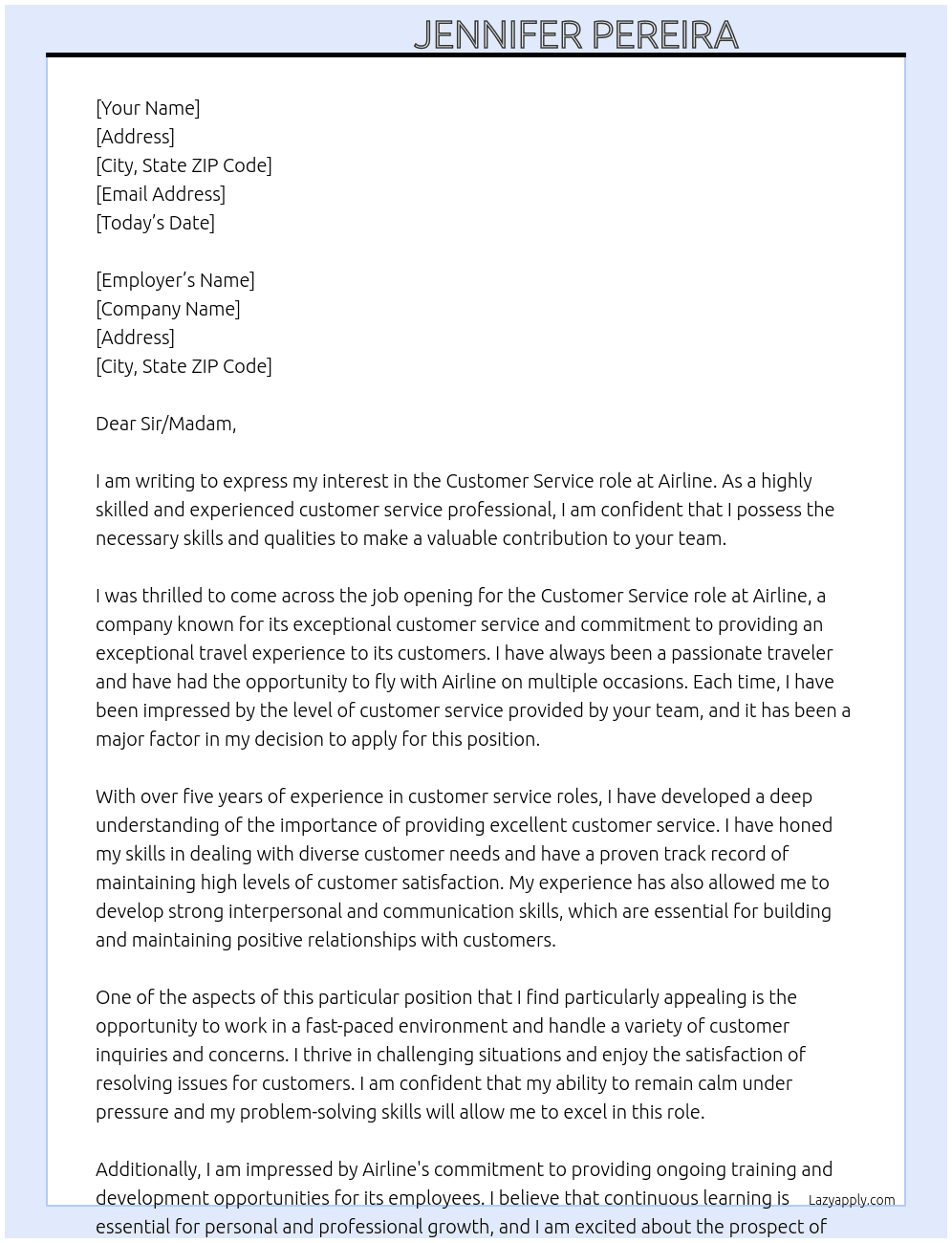 Customer Service At Airline Cover Letter
