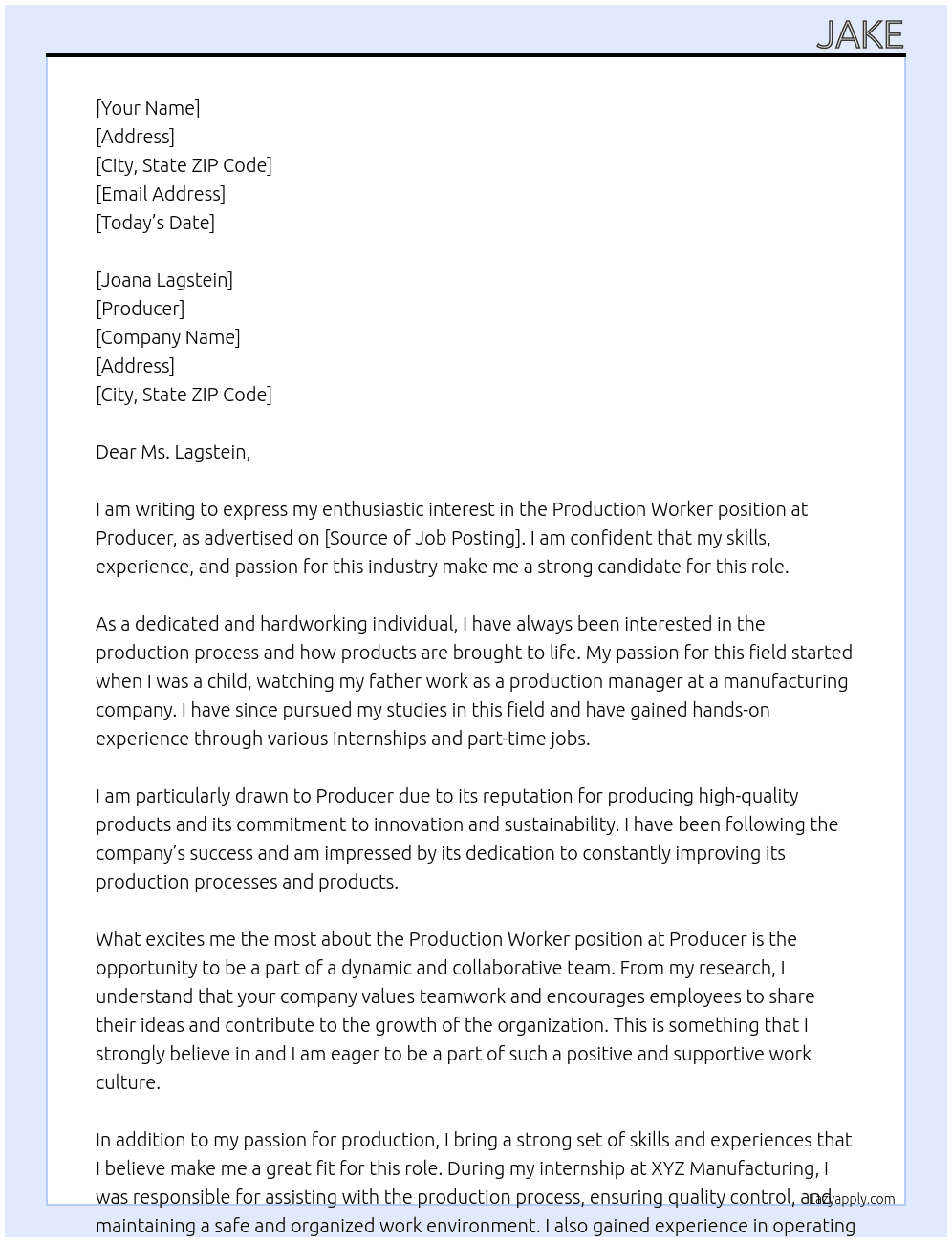 Production Worker At Producer Cover Letter