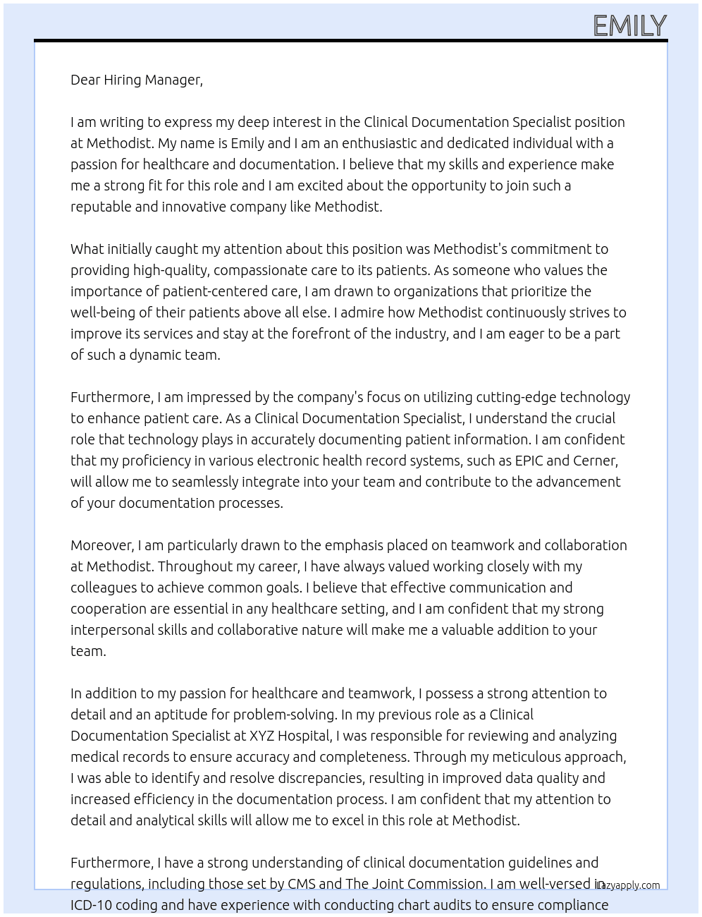 Clinical Documentation Specialist At Methodist Cover Letter