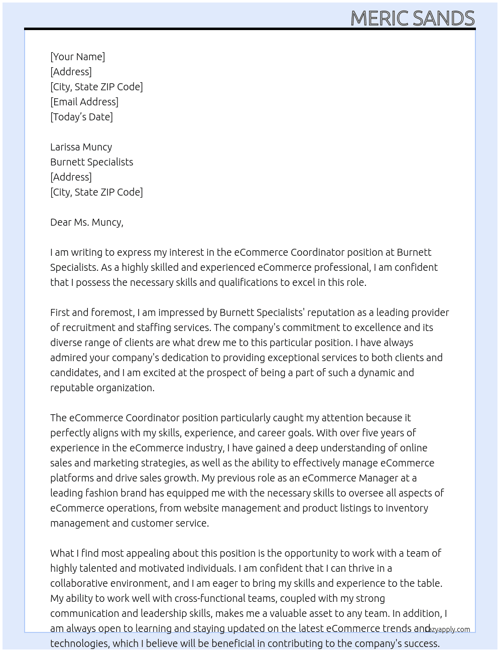 eCommerce Coordinator At Burnett Specialists Cover Letter