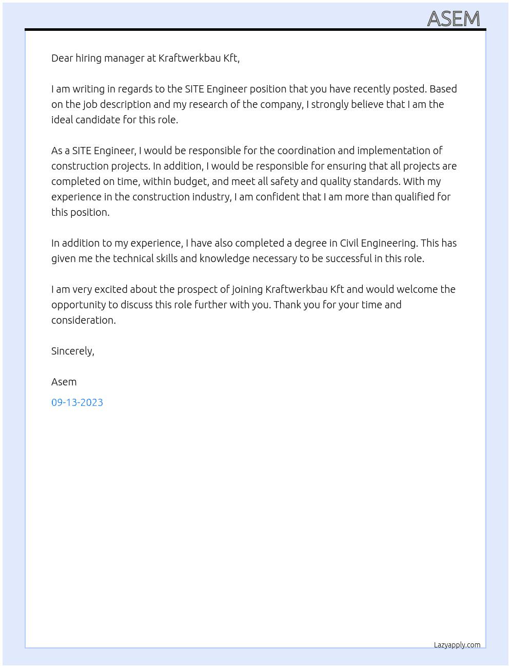 SITE Engineer At Kraftwerkbau Kft Cover Letter