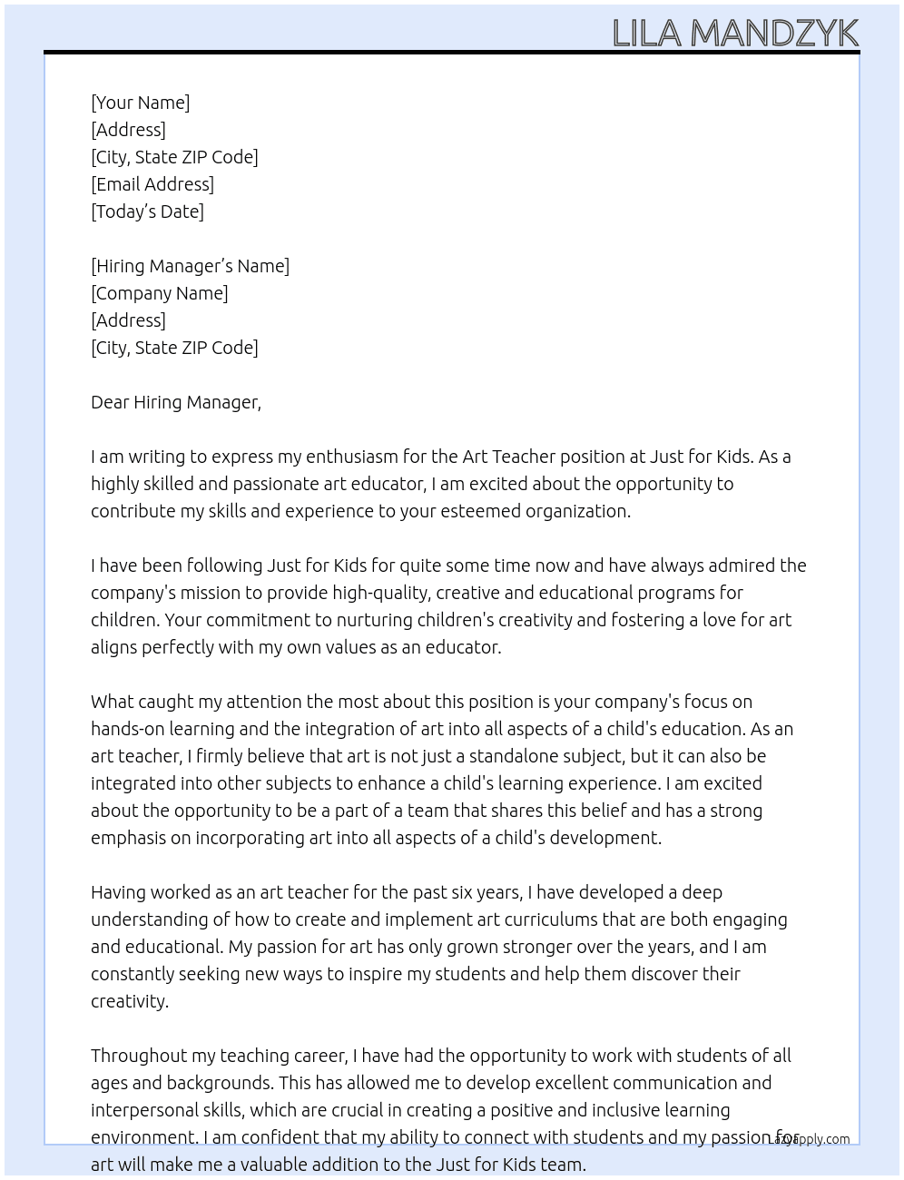 Art Teacher At Just for Kids Cover Letter