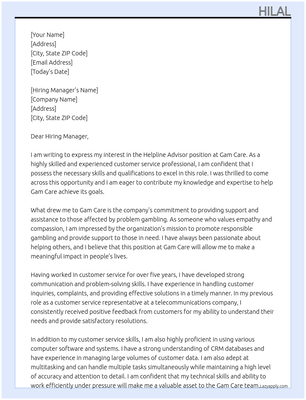 helpline advisor  At Gam Care Cover Letter