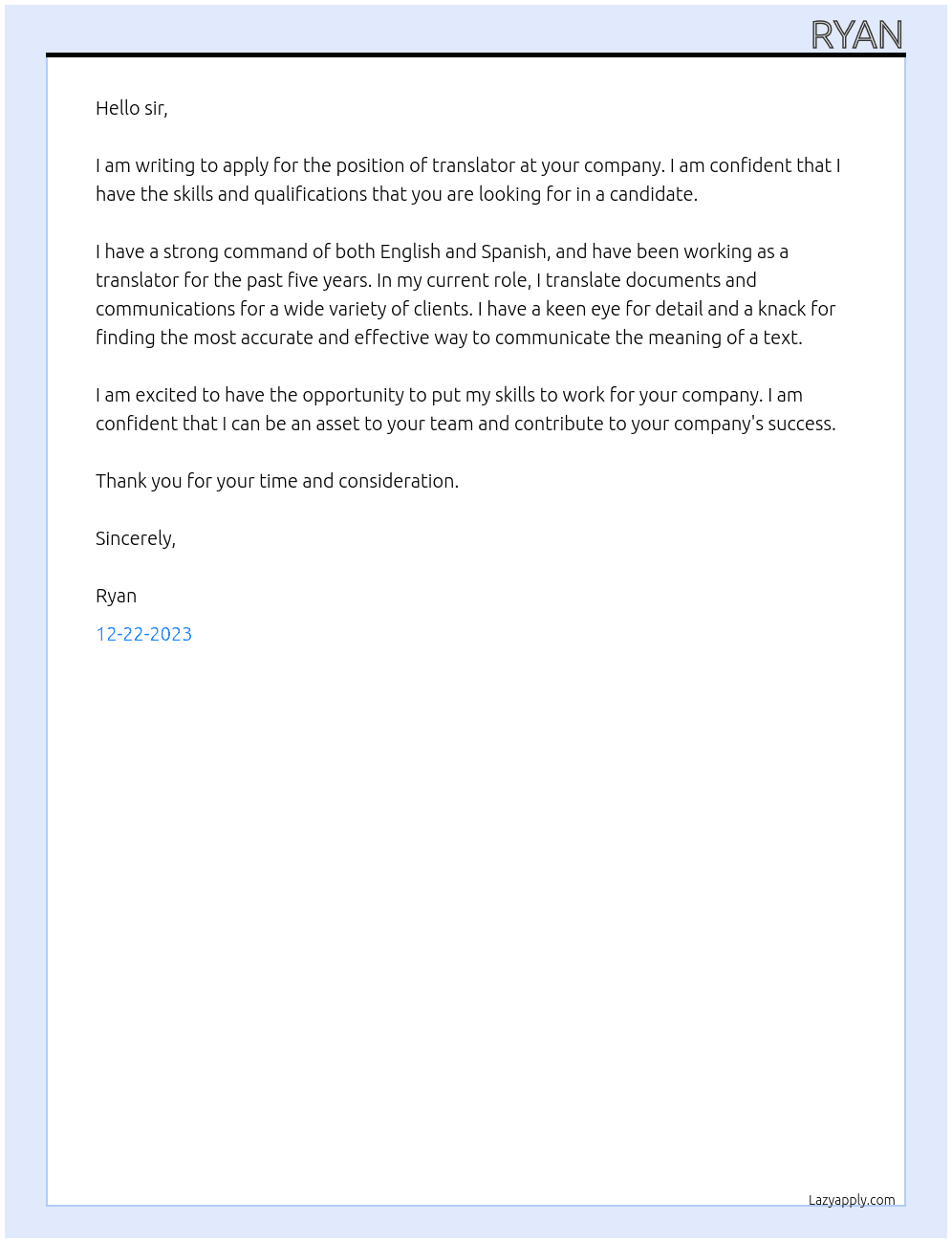 translation At sir Cover Letter