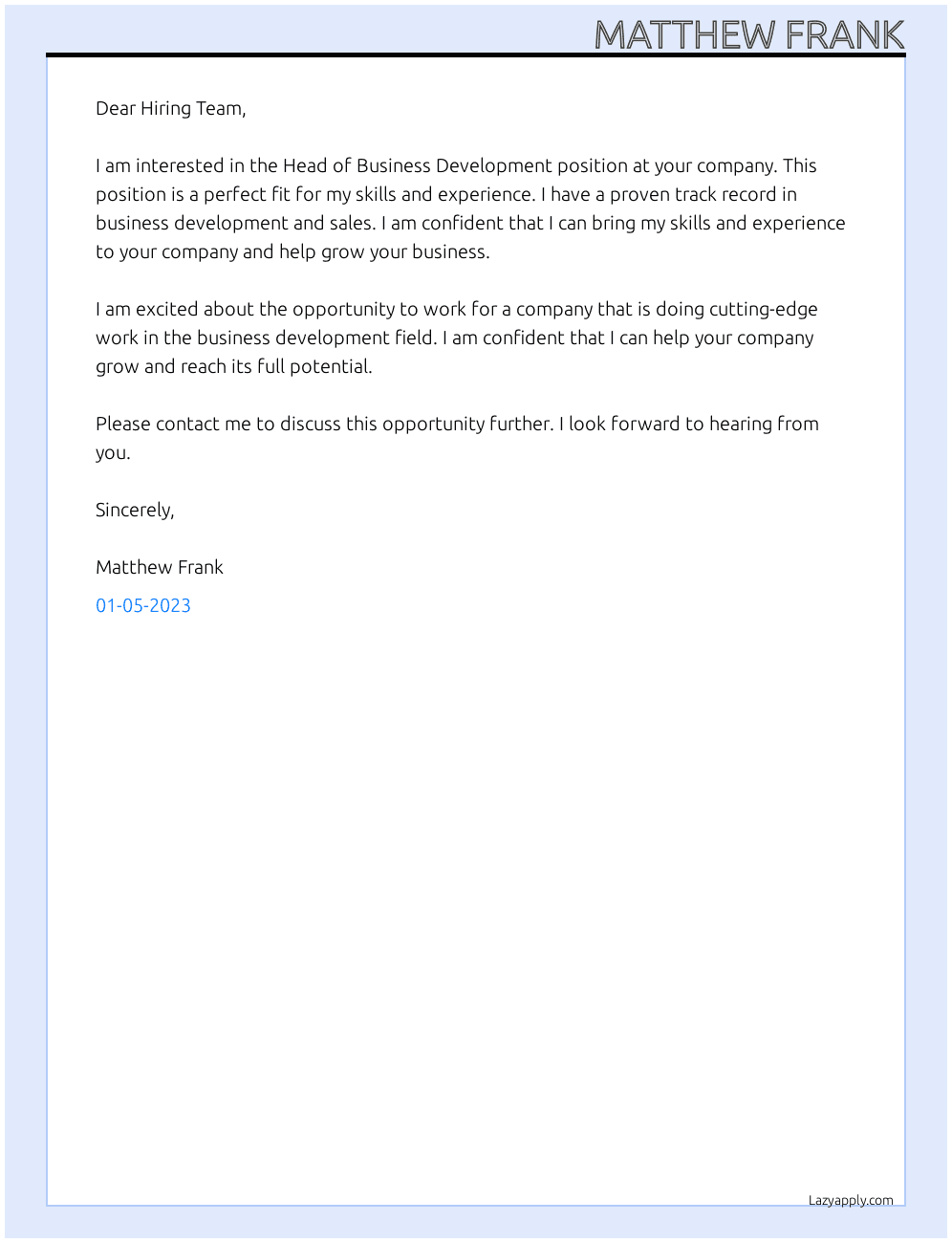 Head of Business Development At your company Cover Letter
