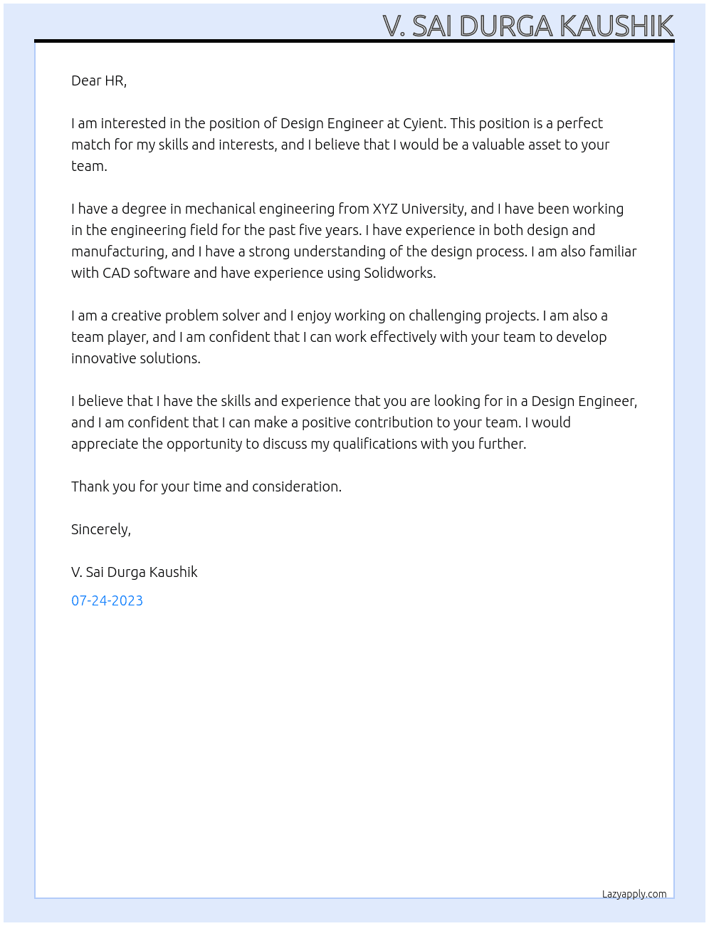 Design Engineer At Cyient Cover Letter