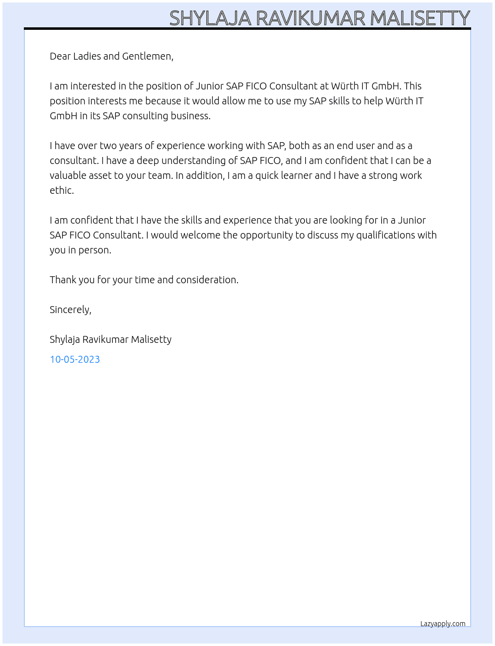 Junior SAP FICO Consultant At Würth IT GmbH Cover Letter