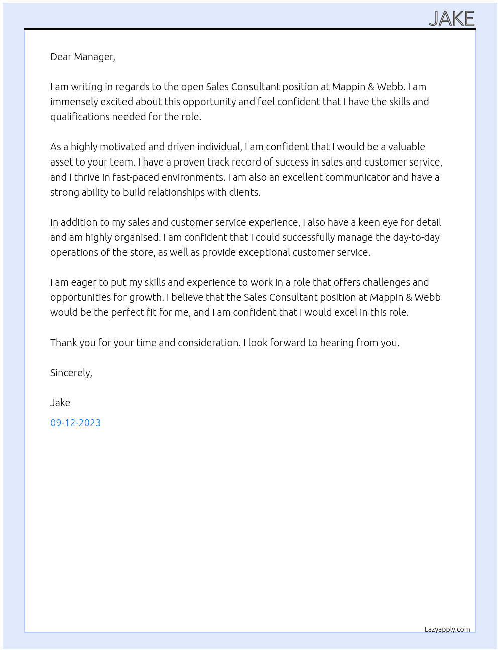 sales consultan  At Mappin & Webb Cover Letter