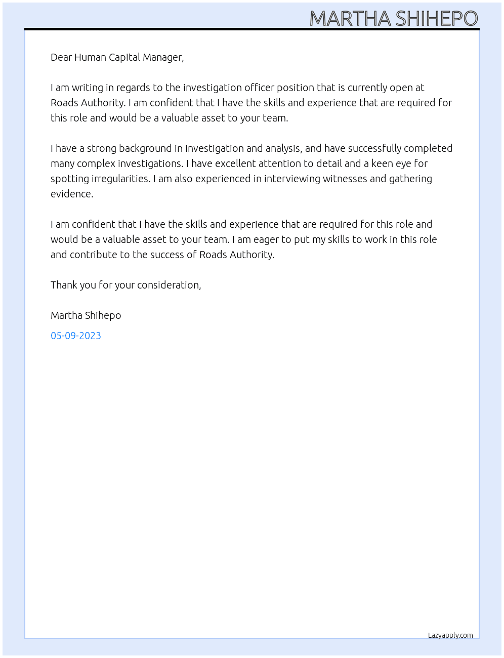 investigation officer At Roads AUthority Cover Letter