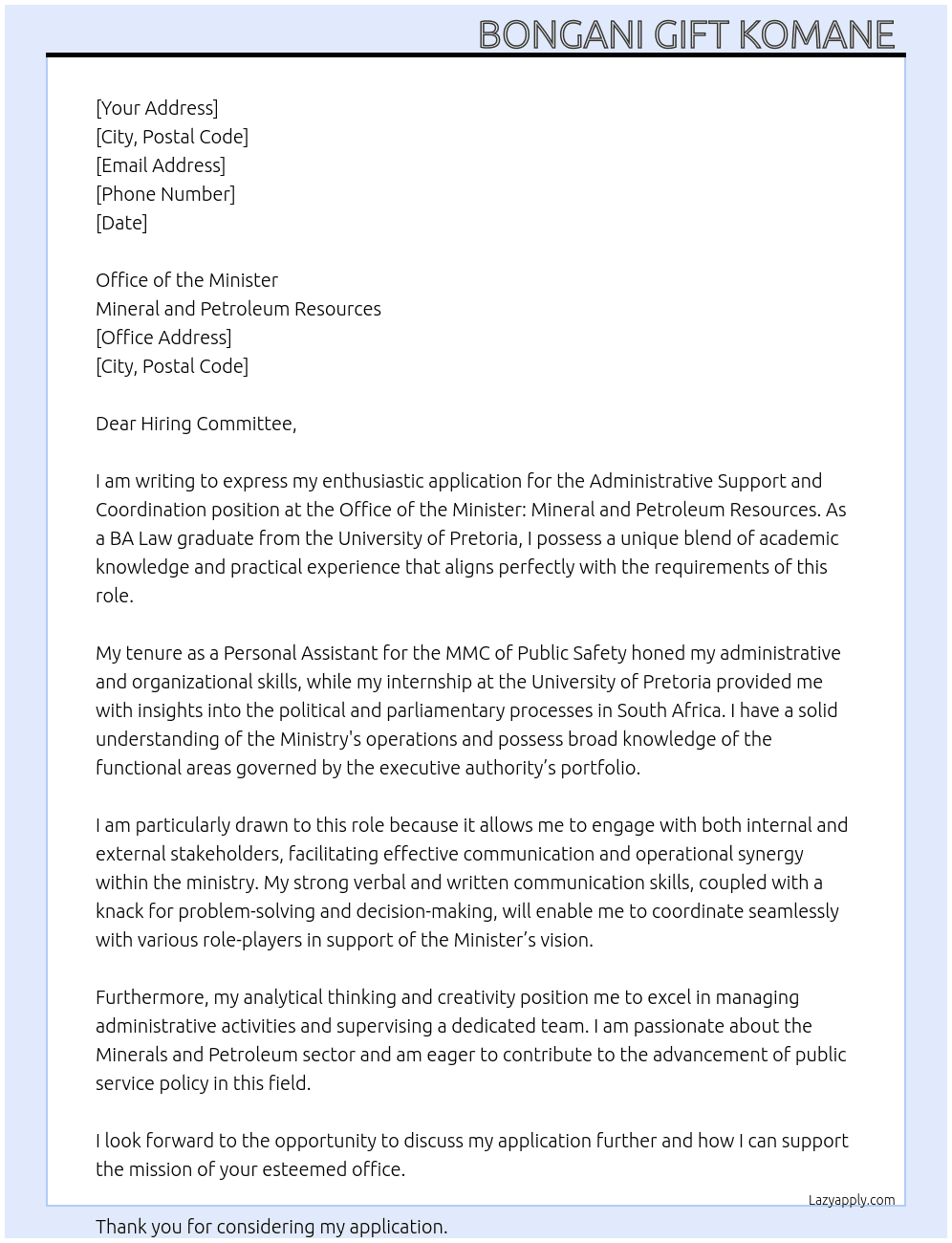 Cover letter for administrative support and coordination - LazyApply