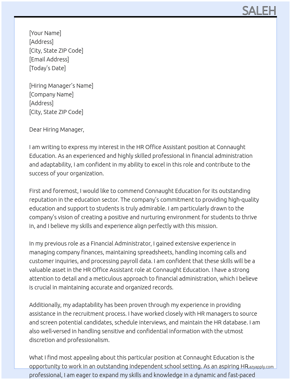 HR Office Assistant At Connaught Education Cover Letter