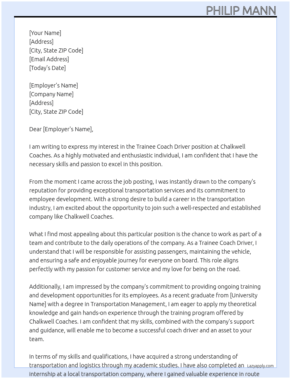 Trainee coach driver At Chalkwell coaches  Cover Letter