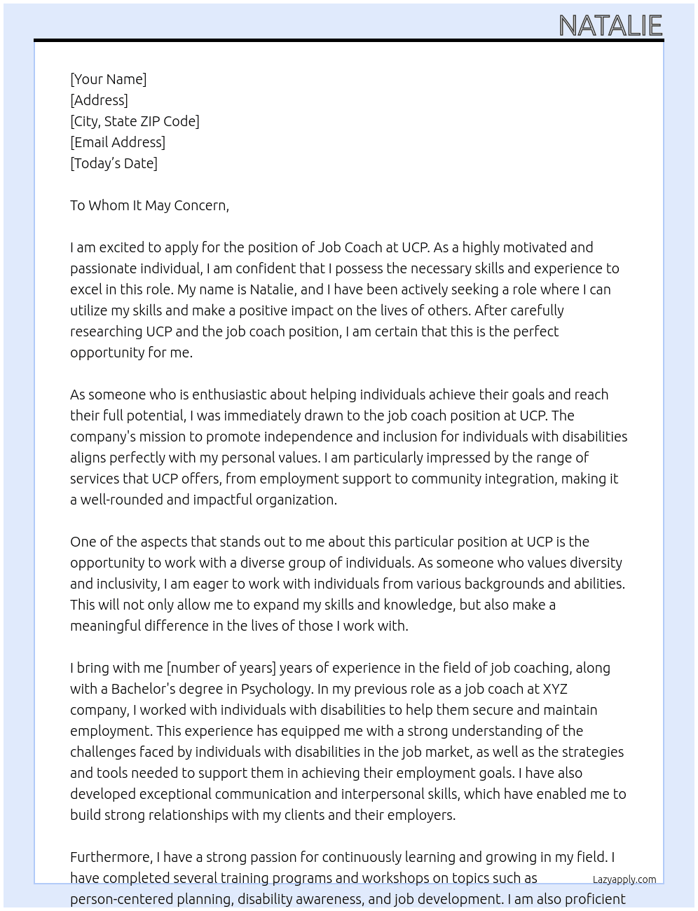 job coach At UCP Cover Letter