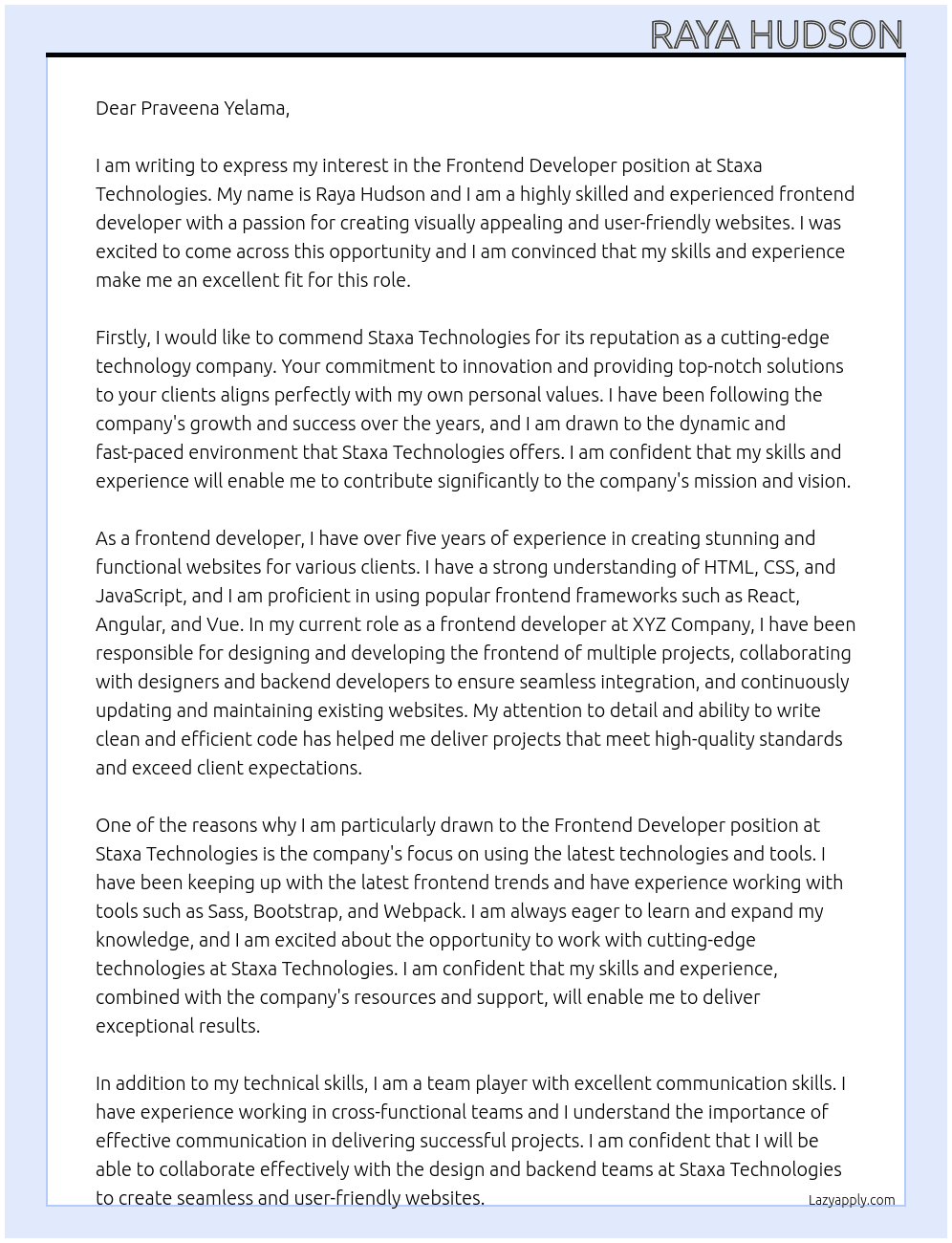 Frontend Developer At Staxa Technologies Cover Letter