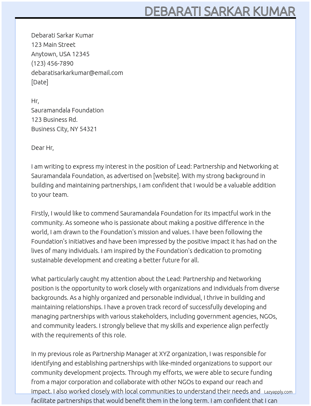 Lead : partnership and networking At Sauramandala Foundation Cover Letter
