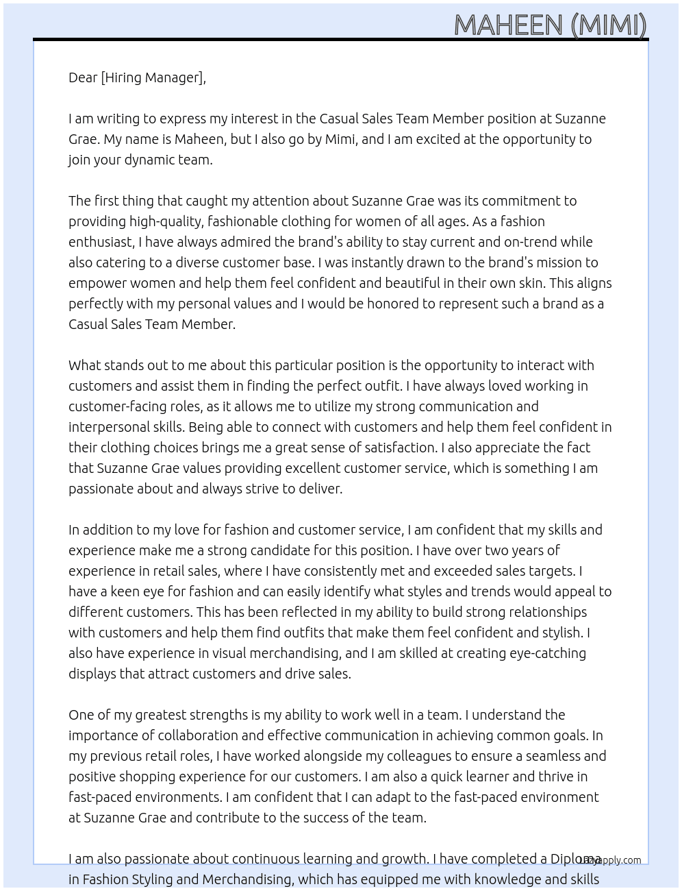 Casual Sales Team Member At Suzanne Grae Cover Letter