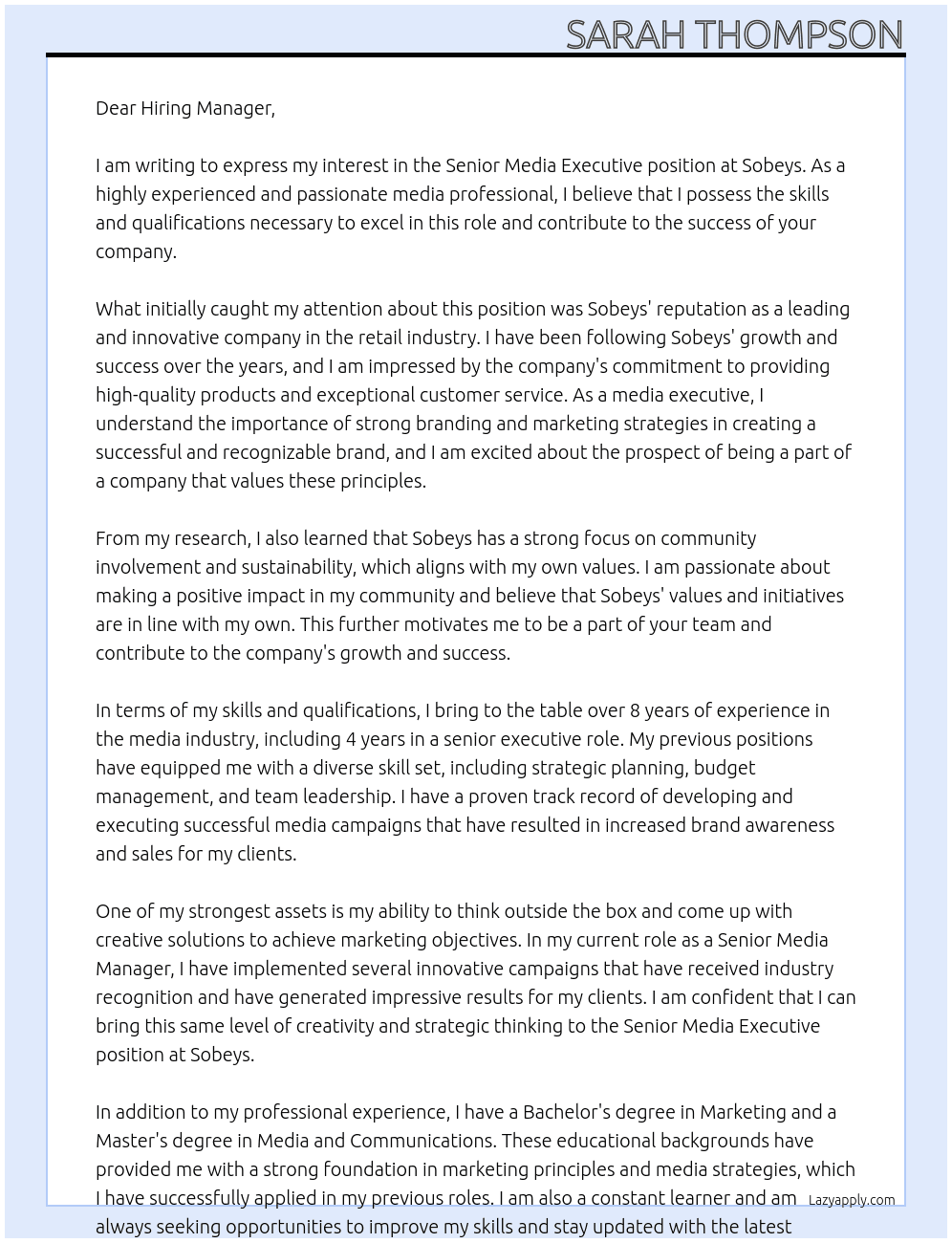 Senior Media Executive At Sobeys Cover Letter